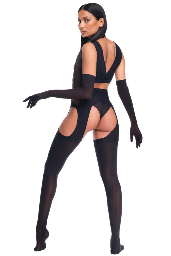 DSTM Axon ouvert suspender tights in sheer & opaque black mesh, back view, shown on model