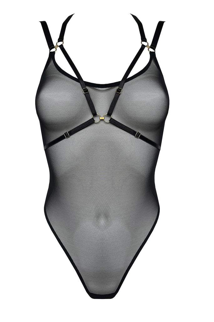 Bordelle Vero black sheer mesh bodysuit with top harness detail. Front view on plain white background showing high cut leg, x-shaped adjustable elastic harness across the bust, 24k gold plated hardware.