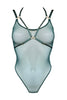 Bordelle Vero Eden green sheer mesh bodysuit with x-shaped elastic strap harness at bust. High leg line, 24k gold plated hardware. Front view on plain white background.