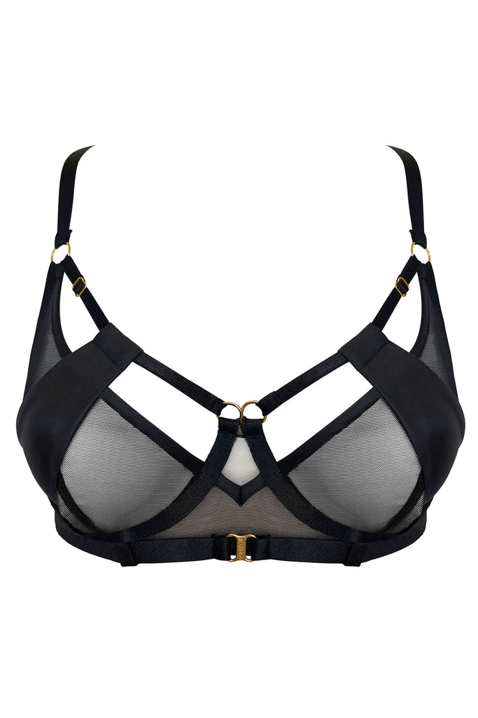 Bordelle Vero Balconette underwire bra in black, featuring movable jersey panels over sheer mesh cups with strappy detailing and 24k gold plated hardware. Front view on plain white background.