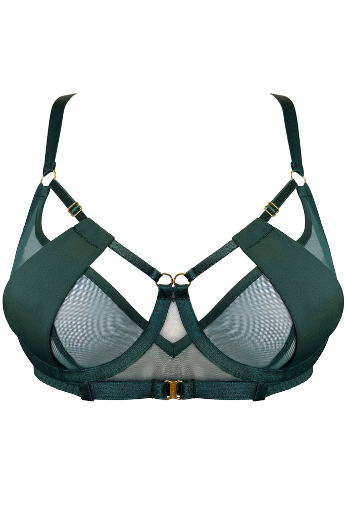 Bordelle Vero Balconette underwire bra in dark Eden green, featuring movable jersey panels over sheer mesh cups with strappy detailing and 24k gold plated hardware. Front view on plain white background.