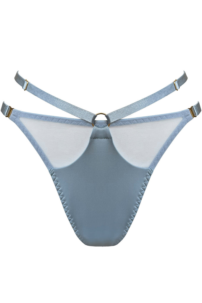 Bordelle Vero brief in soft light Dusty Blue. Front view on plain white background showing opaque jersey panel and sheer mesh layer, with adjustable upper and lower hip straps in satin elastic.