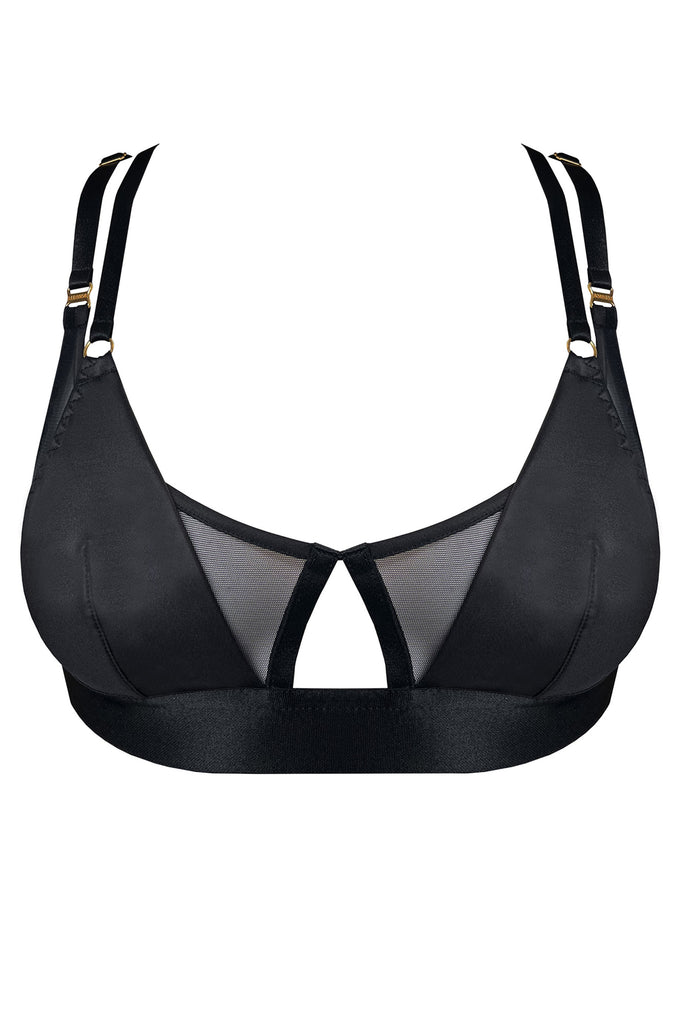 Bordelle Vero black wireless bralette. Opaque triangles cover sheer mesh bandeau with center cutout. Two adjustable satin elastic shoulder straps on each side. Front view on plain white background.