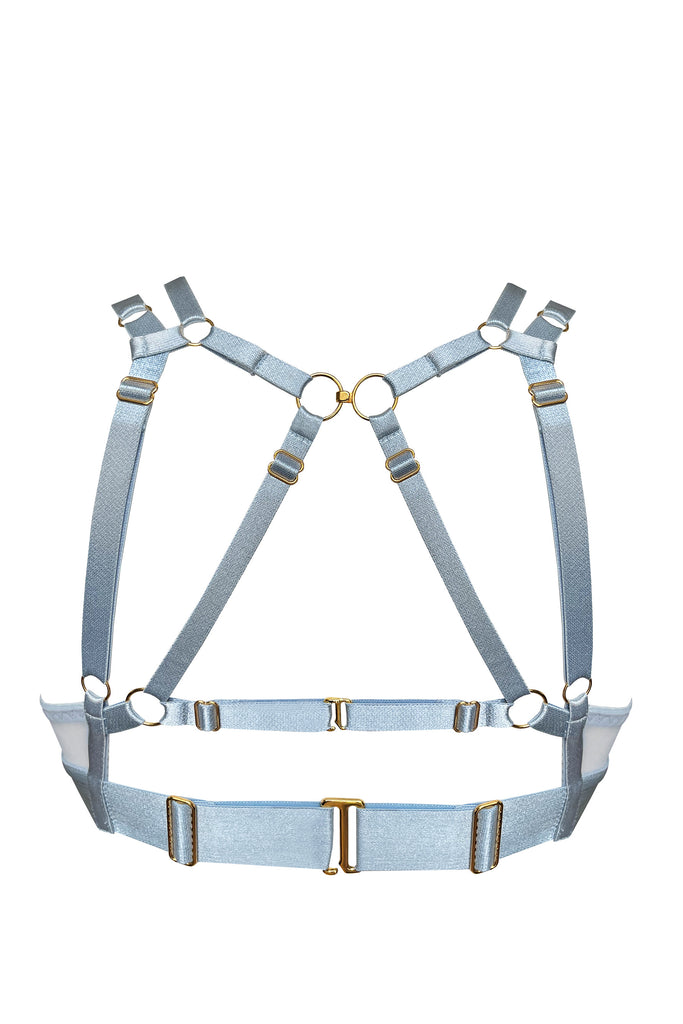 Bordelle Vero light dusty blue wireless bralette. Back view on plain white background shows adjustable shoulder, back and under band straps with gold plated hook closure at top and swan hook closures on underband.