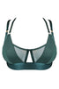 Bordelle Vero rich Eden green wireless bralette. Opaque triangles cover sheer mesh bandeau with center cutout. Two adjustable satin elastic shoulder straps on each side. Front view on plain white background.