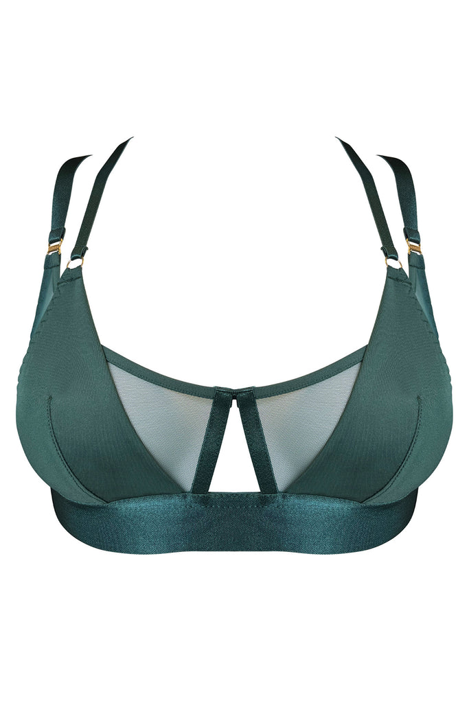 Bordelle Vero rich Eden green wireless bralette. Opaque triangles cover sheer mesh bandeau with center cutout. Two adjustable satin elastic shoulder straps on each side. Front view on plain white background.