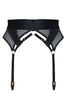 Bordelle Vero suspender in classic black. Front view on plain white background showing adjustable straps, wide elastic waistband, and opaque jersey and sheer mesh panels.