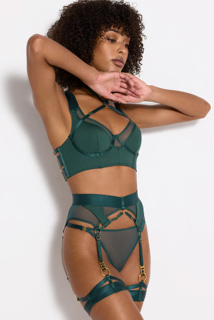 Bordelle Vero Eden green strappy garters, front/side view on model, shown with matching thong, bra and suspender.