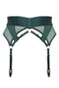 Bordelle Vero suspender in rich eden green. Front view on plain white backgroudn showing adjustable straps, wide elastic waistband, and opaque jersey and sheer mesh panels. 