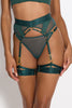 Bordelle Vero eden green sheer mesh thong. Front view on model shown with matching suspender and garters. Gold plated hardware joins thin elastic hip straps and sheer mesh front panel. 