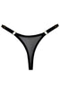 Bordelle Vero black sheer mesh thong with gold plated hardware detailing and thin adjustable elastic hip straps. Back view on plain white background.