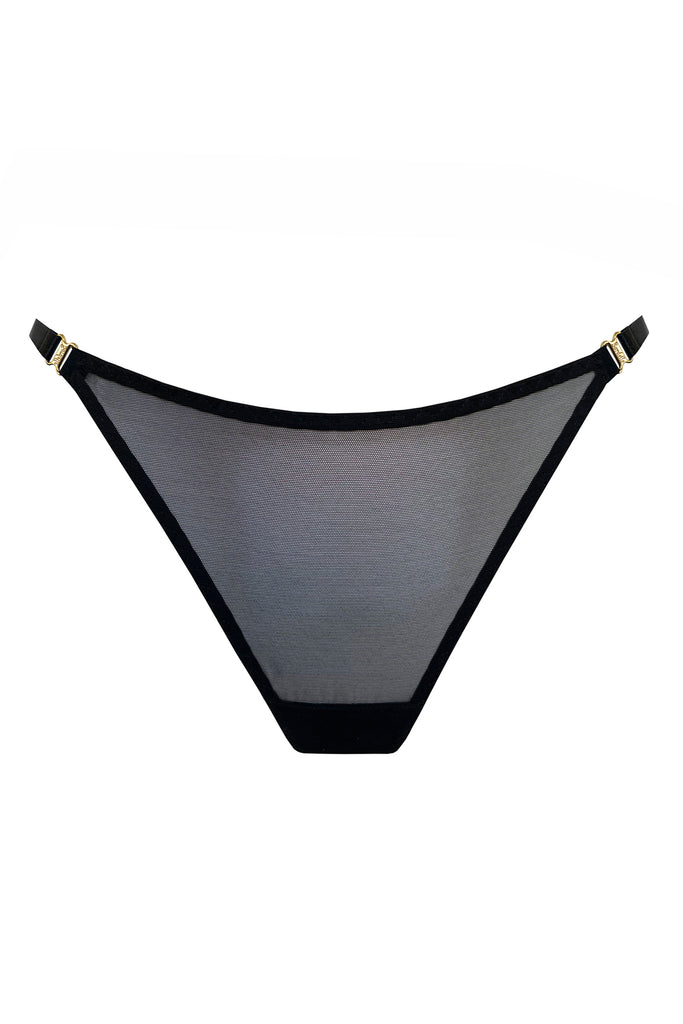 Bordelle Vero black sheer mesh thong with gold plated hardware detailing and thin elastic hip straps. Front view on plain white background.
