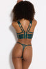 Bordelle Vero eden green sheer mesh thong, back view on model. Adjustable thin elastic hip straps with gold plated hardware. Sits high on the hip, mid rise waistline. 