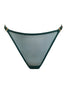 Bordelle Vero eden green sheer mesh thong with sheer front panel, cotton lined gusset, and thin elastic hip straps and gold hardware pieces. Front view on plain white background. 
