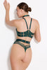 Bordelle Vero Balconette underwire bra in dark Eden green, featuring adjustable shoulder and underband straps with zip closure, and 24k gold plated hardware. Back view on model in matching collar and high waist thong.