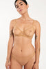 Else Bare Minimal underwire bra and thong in sheer caramel beige mesh. Front view on model showing underwire cups, cup darts and thin elastic straps on bra and low/mid rise waistline of thong. 