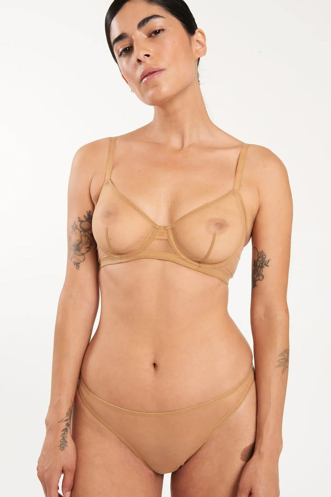 Else Bare Minimal underwire bra and thong in sheer caramel beige mesh. Front view on model showing underwire cups, cup darts and thin elastic straps on bra and low/mid rise waistline of thong. 