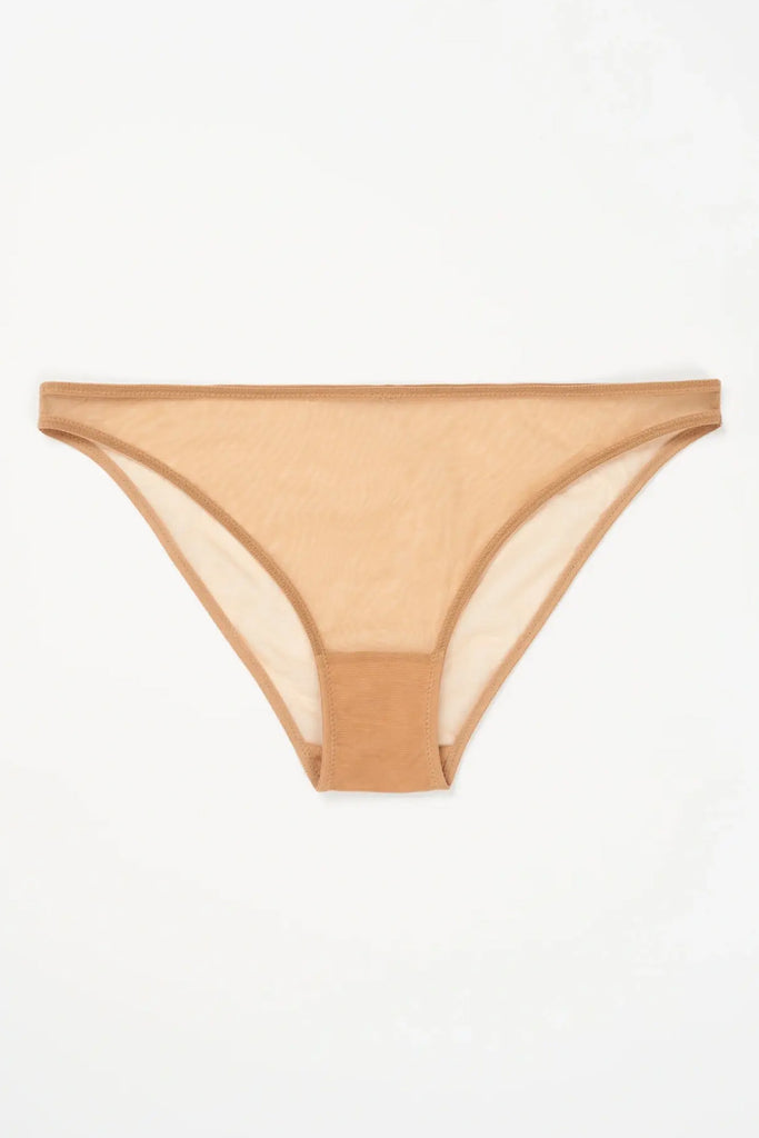 Else Bare Minimal sheer caramel beige mesh mid/low rise bikini style brief. Shown flat on plain white background.
