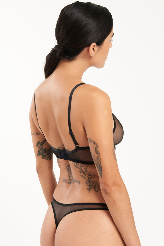 Else Bare Minimal Soft Triangle Bralette in black sheer mesh, shown on model side/back view also wearing the matching thong