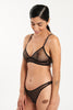 Else Bare Minimal Soft Triangle Bralette in black sheer mesh, shown on model side/front view also wearing the matching thong