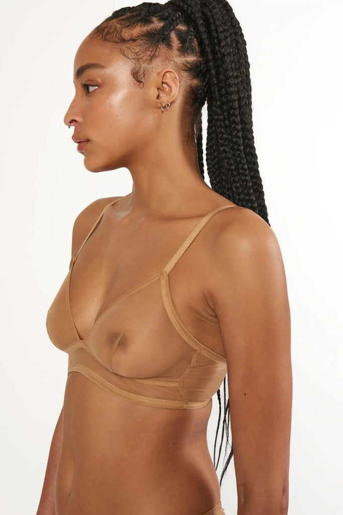 Else Bare Minimal sheer caramel beige mesh wireless triangle bra. Longline silhouette with thin elastic shoulder straps. Front/side view shown on model.