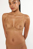 Else Bare Minimal sheer caramel beige mesh wireless triangle bra. Longline silhouette with thin elastic shoulder straps. Front view shown on model also wearing matching thong.