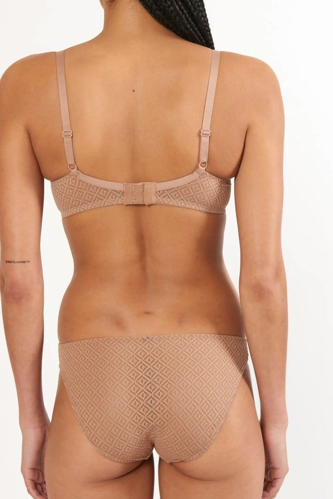Else Betty bronze beige bikini style brief in geometric mesh. Back view on model in matching bralette. 
