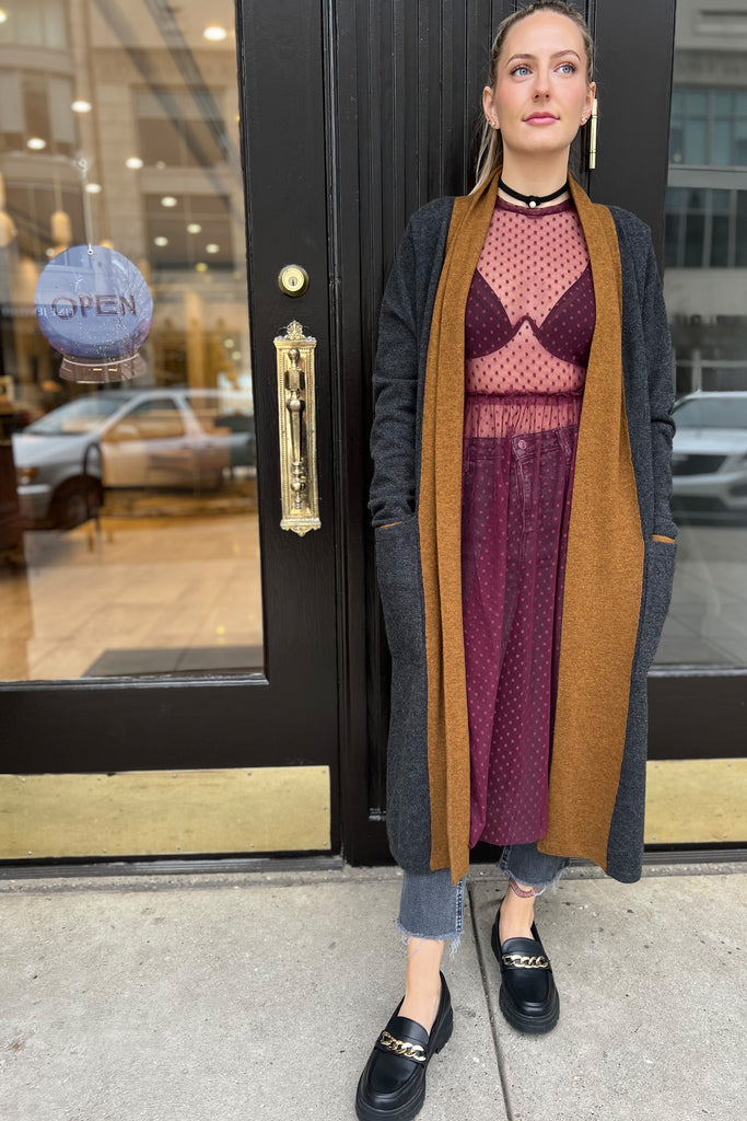 Going out look featuring the Only Hearts Coucou Lola Natasha Tea Dress in burgundy Dahlia, layered with La Fille d'O's Vidi Vici monowire bra, jeans, a gray and brown cashmere robe by Else, and black loafers. Shown on model. 