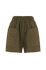 Else Ponza cotton lounge shorts in khaki green. The shorts are shown on on plain white background and feature a subtle stripe effect in the fabric, wide elastic waistband and front pockets. 