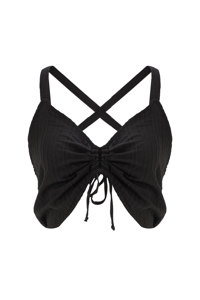 Else Ponza ruched front crop top in black, shown on plain white background. The top features a front tie center tie to secure the ruched front, a v-neckline, halter style straps that criss cross in back.