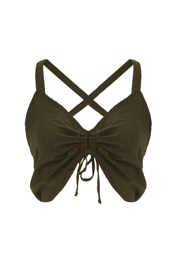 Else Ponza ruched front crop top in khaki green, shown on plain white background. The top features a front tie center tie to secure the ruched front, a v-neckline, halter style straps that criss cross in back. 