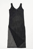 Else St. Tropez black knit swim coverup dress. The knit features a sheer striped pattern. The sleeveless dress has a scoop neck and side slits, with an ankle length hemline. Shown flat on plain white background.