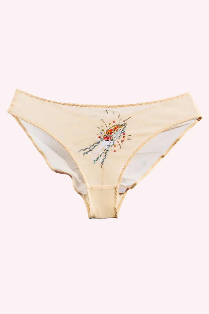 Love and Swans disco Love Boat brief in beige mesh, shown flat on plain background. Image shows the "disco" love boat embroidery with festive red, yellow, hot pink, and orange threads on the boat and a blue and white "wake" and silver party vibes.