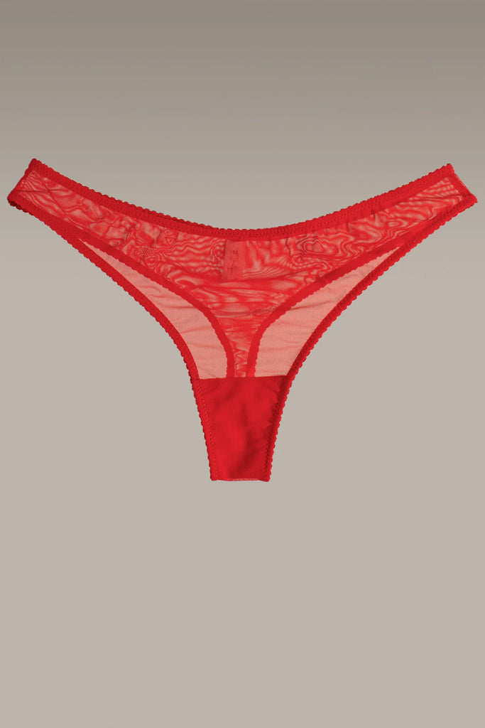 Love & Swans Easy Basic sheer mesh thong in deep red, front view shown flat on gray background.