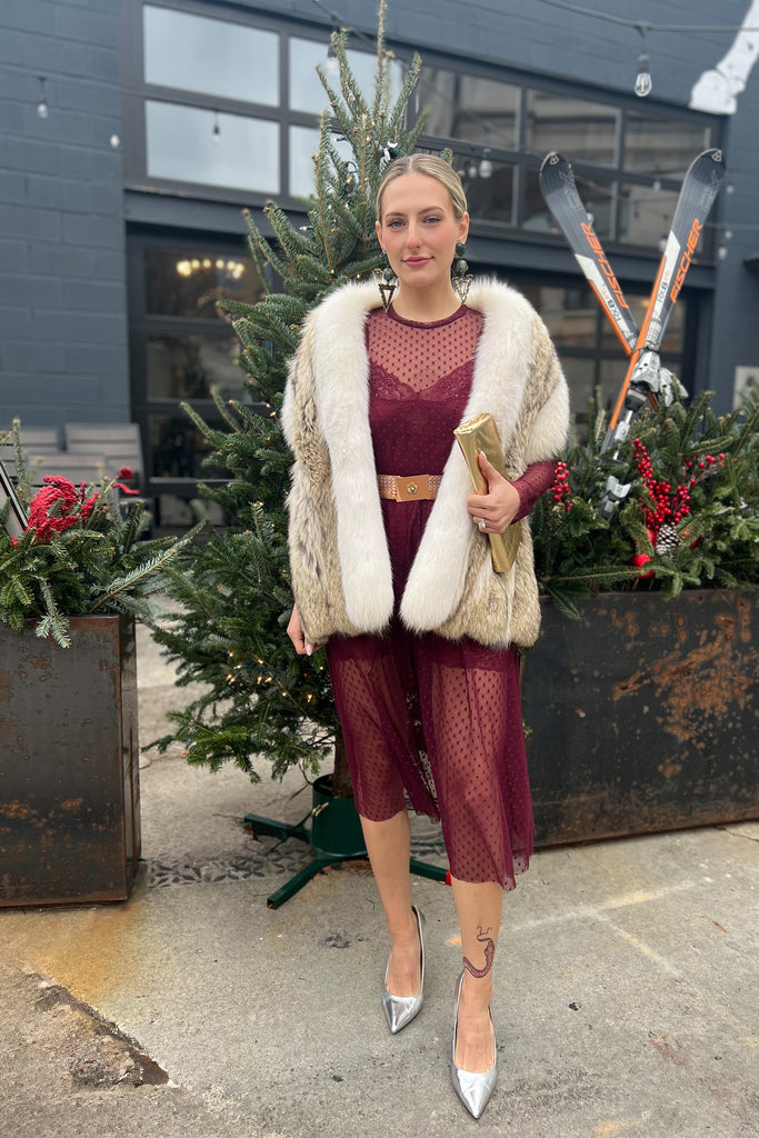 Going out look featuring the Only Hearts Coucou Lola Natasha Tea Dress in burgundy Dahlia, layered with the matching silk and lace slip dress, a metallic belt, shoes and clutch, statement earrings, and a fur vest.