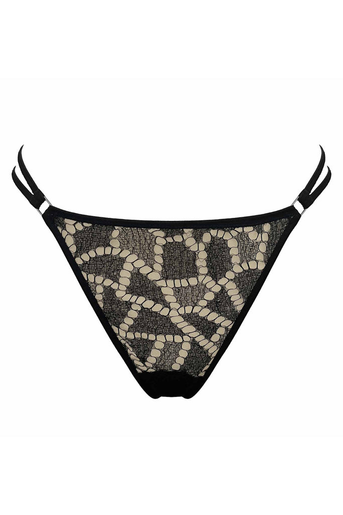 Paloma Casile Gilda strappy thong, front view flat on plain white background. Image shows the two hip straps and front mosaic style geometric lace. 