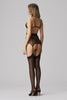 Murmur Zest Sheer Suspender in black mesh. Features wide elastic waistband and vertical seams from waistband to suspender straps. Gold toned hardware on suspenders. Back view shown on model in Nostalgic satin bralette & v-string and Hold Up Stockings.