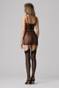 Murmur Haze sheer suspender skirt in sheer black mesh with vertical black seams on right, left and center. Two suspenders attach to stockings or garters. Back view on model shown with matching camisole/bra top and stockings.