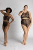 Sheer black Eartha cropped camisole by Adrina Dietra. Front/side view on two models with different body types illustrates how the camisole can be worn loosely or tightly around the torso.