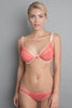 Adina Reay Lizzie plunge bra for full busts in grapefruit pink sheer tulle, with beige silk trim, shown on model, in matching low rise briefs front view