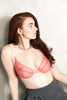 Adina Reay Lizzie plunge bra for full busts in grapefruit pink sheer tulle, with beige silk trim, shown on model, front view