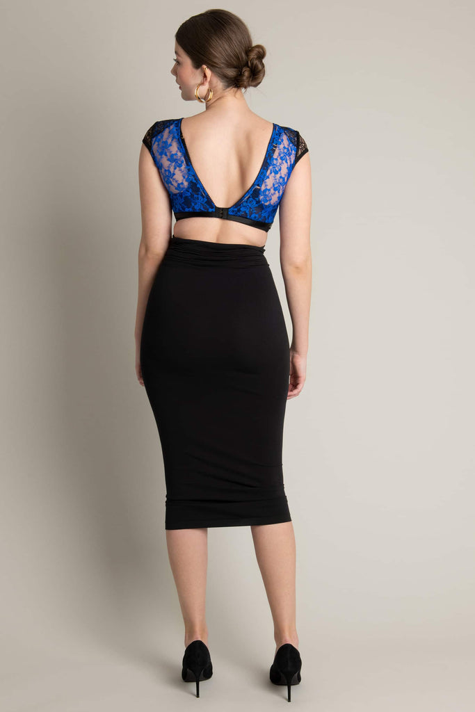 Adina Reay Lyla Bra/Crop Top in blue and black lace, on model, back view