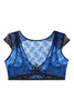 Adina Reay Lyla Bra/Crop Top in blue and black lace, on plain white background, back view