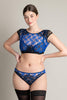 Adina Reay Lyla Bra/Crop Top in blue and black lace, on model, front view