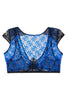 Adina Reay Lyla Bra/Crop Top in blue and black lace, on plain white background, front view