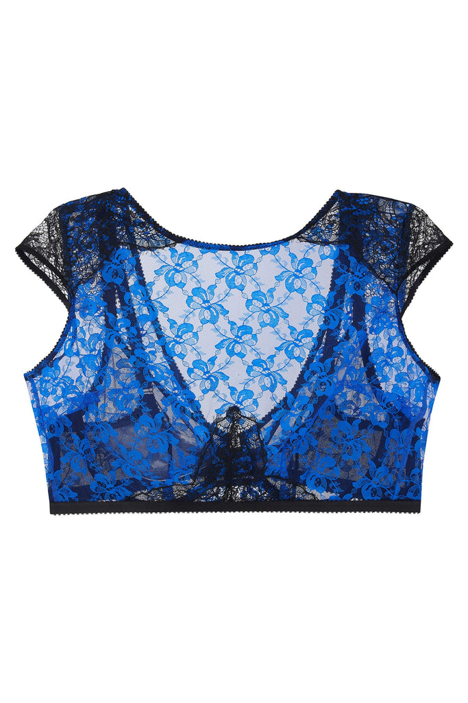 Adina Reay Lyla Bra/Crop Top in blue and black lace, on plain white background, front view