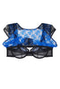 Adina Reay Lyla Bra/Crop Top in blue and black lace, on plain white background, front view with exterior lace lifted, showing interior bra in black mesh