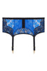 Adina Reay Lyla Suspender belt in blue and black lace, on plain white background, back view