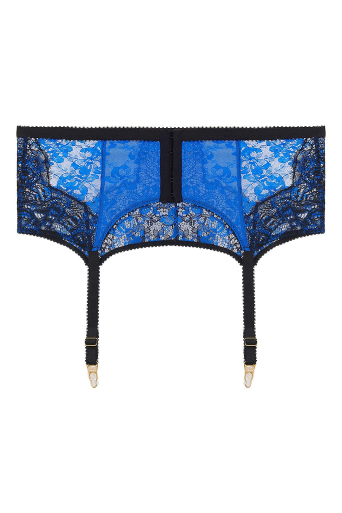 Adina Reay Lyla Suspender belt in blue and black lace, on plain white background, back view