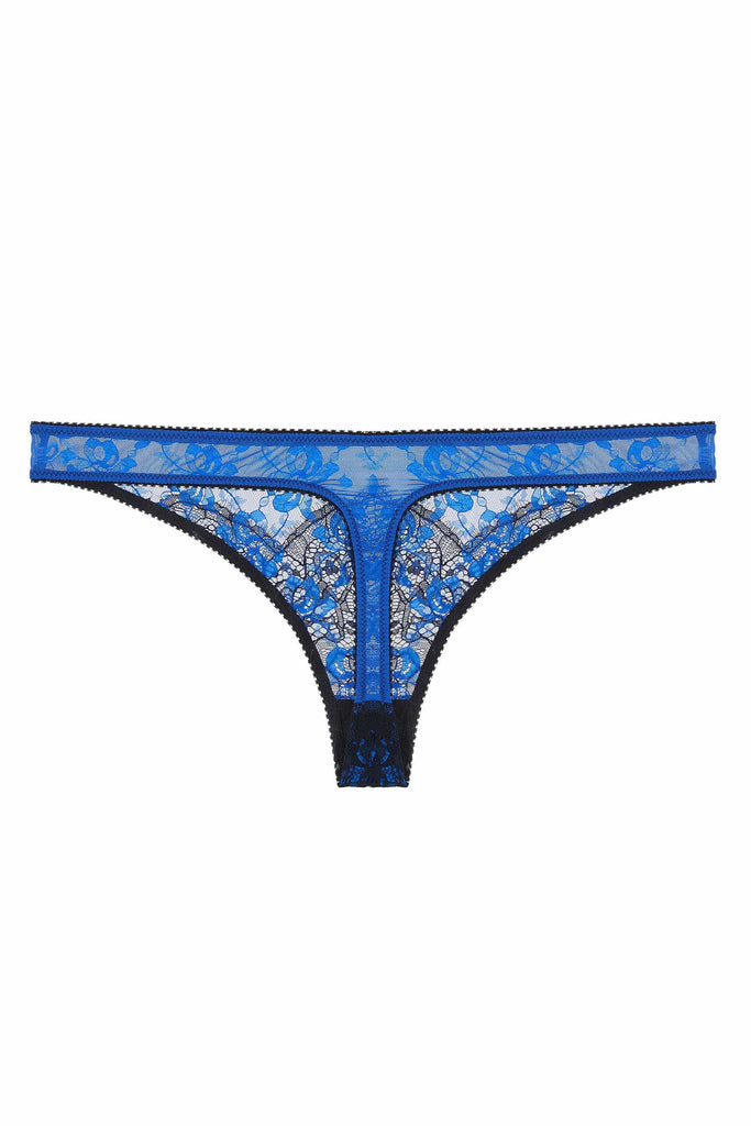 Adina Reay Lyla Thong in blue and black lace, on plain white background, back view